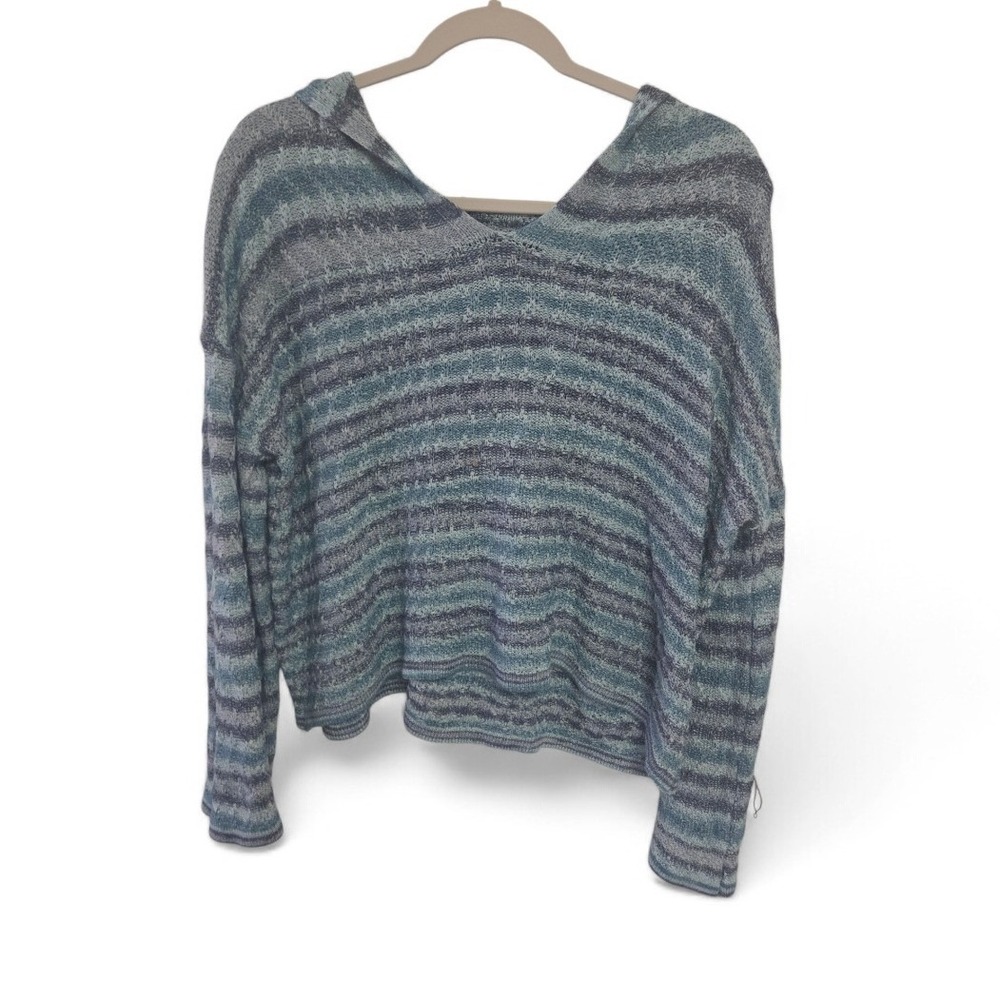 Rain + Rose Womens‎ XL Blue Striped Knit Hoodie Sweater Viscose Pullover Boho